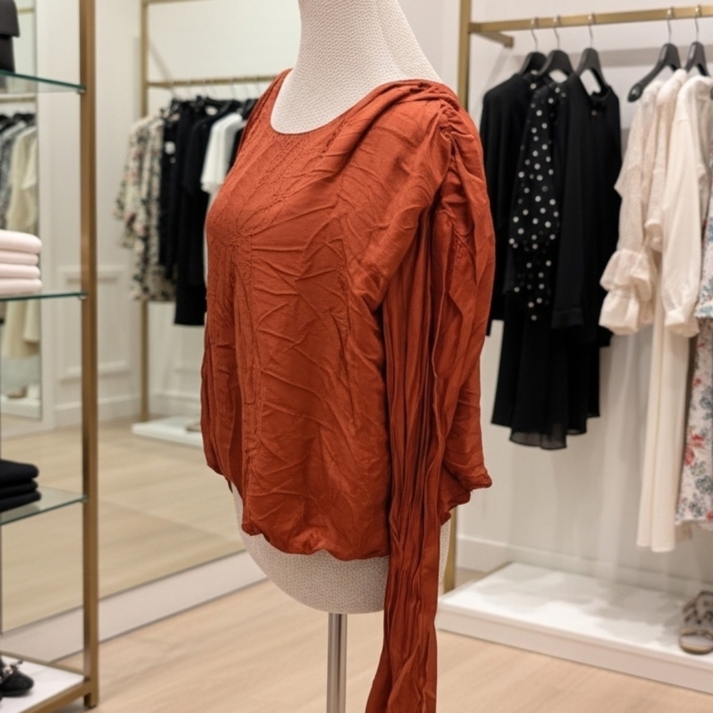 Anthropologie‎ Women's Rust Keyhole Neck Long Cinch bottom Blouse Size M